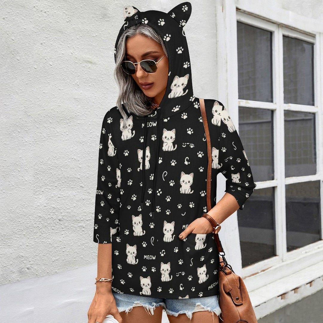 Black Cat Ear Hoodie for Women – Cute 3/4 Sleeve Meow Print, Plus Size ...
