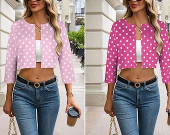 Pinker Tupfen-Blazer, leichte Jacke mit offener Vorderseite für Frauen