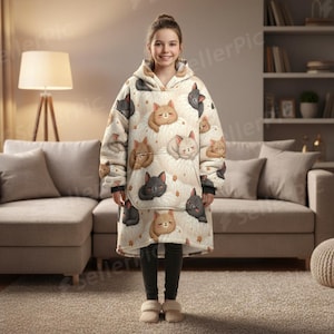 A smiling girl stands in a cozy living room, wearing an oversized hoodie with cat illustrations. The warm setting features a beige sofa, lamp, and shelves.