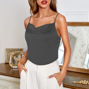 Gray Satin Cami, Silk-Look Finish, Spaghetti Strap Blouse, Minimalist Summer Style