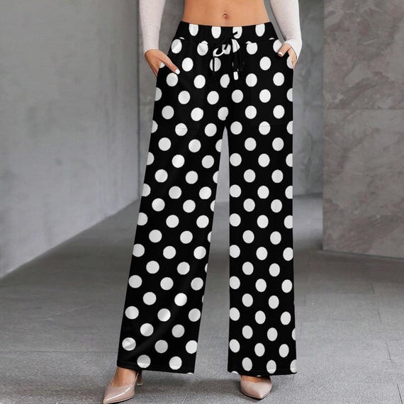 Black White Polka Dot Wide Leg Pants, Drawstring Lounge Trousers with Pockets