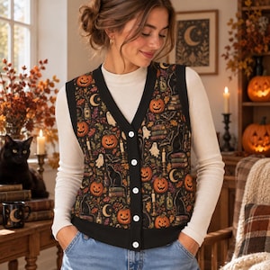 May include: A V-neck button-down waistcoat featuring a black background with a repeating pattern of orange pumpkins, white ghosts, black cats, crescent moons, stacks of books, and candles. The waistcoat has solid black trim along the neckline and hem.