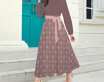 Vintage-Inspired Maxi Dress | Rose Blush Art Deco Print, Long Sleeve Modest Silhouette