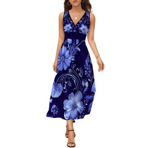 Blue Floral Maxi Dress, Sleeveless Summer Dress with Ruffled Hem, Elegant V-Neck Dress for Women, Breathable Stretchy Vacation Outfit