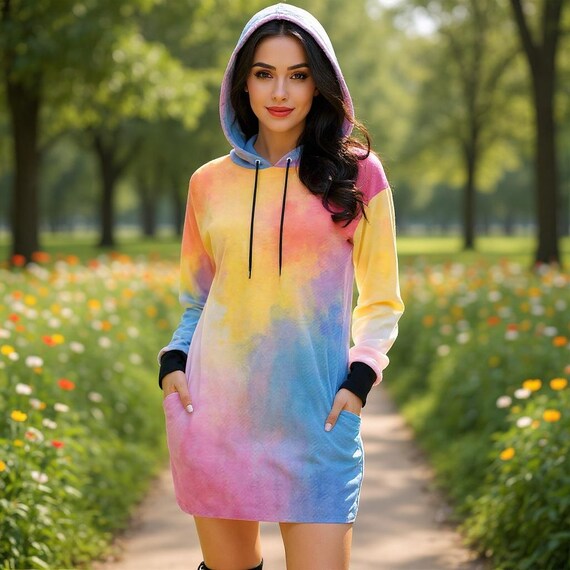 Pastel Watercolor Hoodie Dress - Oversized Sweatshirt with Pockets