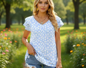 Light Blue Daisy V-Neck Blouse, Ruffle Sleeve Summer Top, Soft Floral Shirt