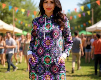 Psychedelic Hoodie Dress – Trippy Kaleidoscope Print Sweatshirt Dress with Pockets – Rave Festival Boho Loungewear