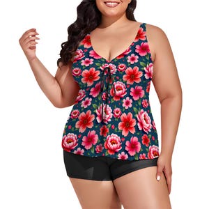 Plus Size Boyshort Swimsuit for Women – Colorful Adjustable Bikini Top with Tummy Control, Supportive Two Piece Swimwear for Curvy Body