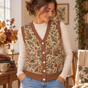 May include: A sleeveless V-neck cardigan vest featuring a cream-coloured base with a detailed woodland print of foxes, squirrels, rabbits, hedgehogs, birds, mushrooms, and autumn leaves, finished with solid brown trim and five white buttons.