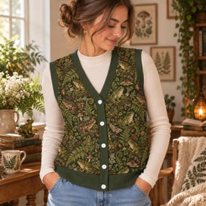 May include: A sleeveless V-neck vest featuring a dark green background with a repeating pattern of frogs, ferns, mushrooms, and moths. The vest has a solid dark green trim along the neckline and front placket, secured with five white buttons.