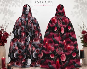 Gothic Witch Hooded Cloak, Raven Moon Cape, Dark Fantasy Costume, Witchcore Fashion, Pagan Festival Wear, Celestial Gothic Cloak