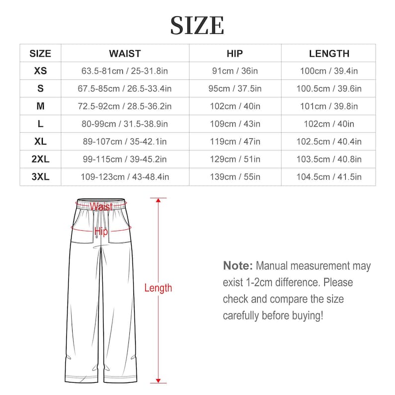 Size chart image for pants, showing measurements in centimeters and inches for waist, hip, and length from XS to 3XL. Includes a pants diagram with measurement labels. Note about possible 1-2 cm variance.