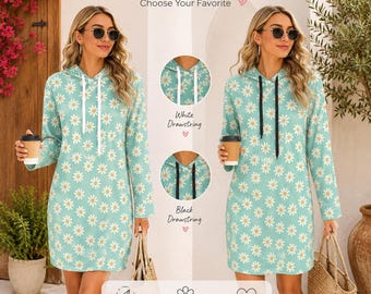 Mint Daisy Hoodie Dress for Women, Floral Hooded Sweatshirt Dress, White Daisy Print Casual Long Sleeve Pocket Dress, Spring Outfit