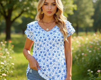 Blue Floral V-Neck Blouse, Ruffle Sleeve Summer Top, Soft Casual Shirt