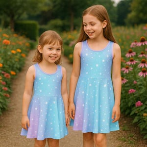 Girls Sleeveless Sundress Star Print Pastel Gradient Dress Kids Summer A-Line Dress Breathable Soft Polyester 2T-XL Lightweight Skater Dress