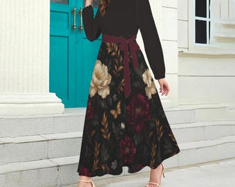 Dark Floral Maxi Dress – Long Sleeve Belted Vintage Boho Fall Outfit