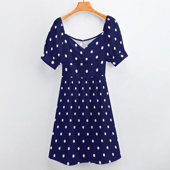 blue polka dot puff sleeve dress Denim Polka Dot Puff Sleeve Romper – Moda Boutique main image 0