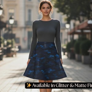 Blue Camo Flare Skirt, Sporty Gym Activewear, Navy Camouflage Print