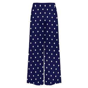 Pantaloni a pois da donna, pantaloni da casa a gamba larga con tasche, pantaloni palazzo, stampa a pois neri o blu navy, pantaloni estivi casual immagine 11