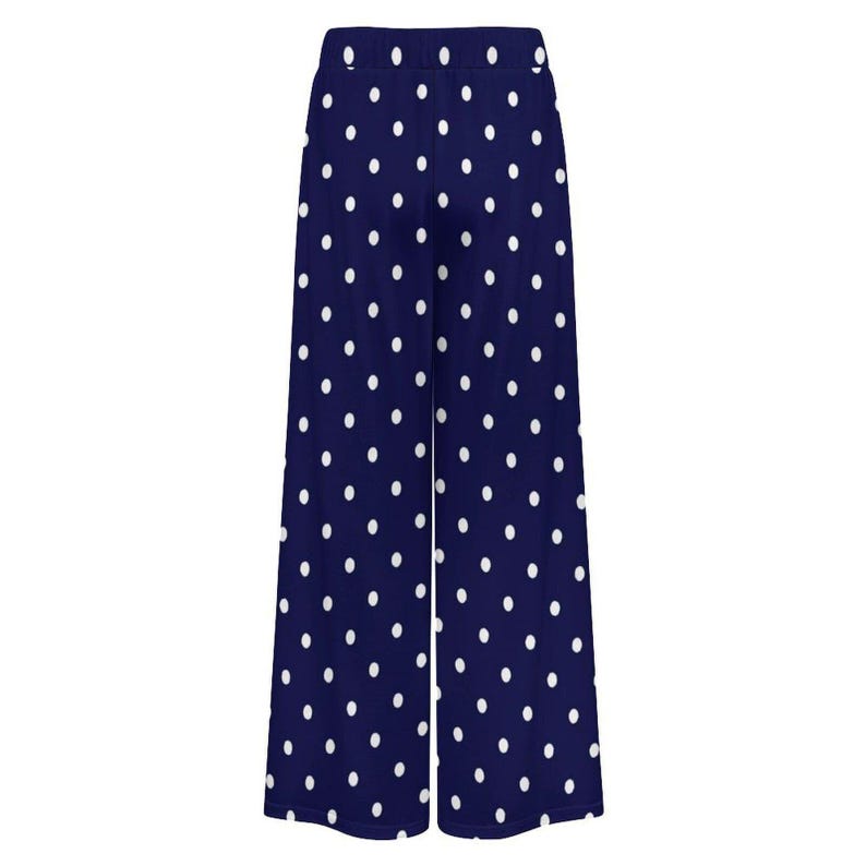 Pantaloni a pois da donna, pantaloni da casa a gamba larga con tasche, pantaloni palazzo, stampa a pois neri o blu navy, pantaloni estivi casual immagine 11