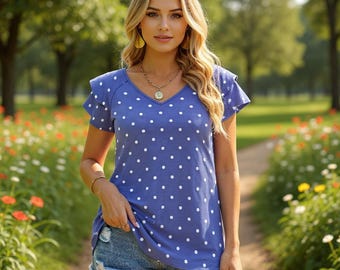 Blue Polka Dot V-Neck Blouse, Ruffle Sleeve Summer Top, Casual Shirt