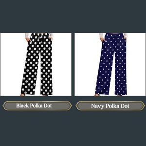Pantaloni a pois da donna, pantaloni da casa a gamba larga con tasche, pantaloni palazzo, stampa a pois neri o blu navy, pantaloni estivi casual immagine 2