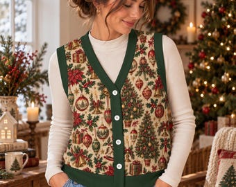 Vintage Christmas Sweater Vest, Traditional Holiday Button Front V Neck Vest, Christmas Tree Ornament Clothing, Nostalgic Style for Women