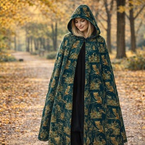 Gothic Halloween Hooded Cloak: Gold Owl & Haunted House Print