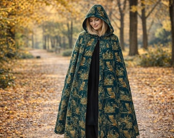 Gothic Halloween Hooded Cloak: Gold Owl & Haunted House Print