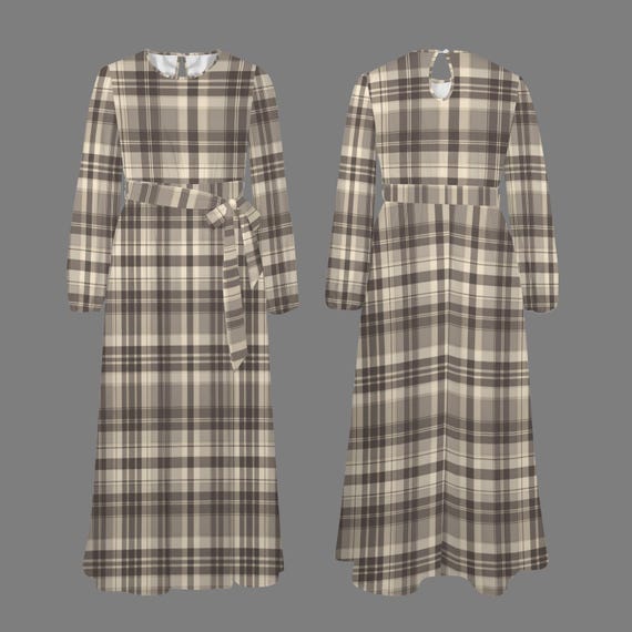 fitted lace wedding dress Retro Plaid Print Lapel Long-sleeved High-waisted Belted Maxi Dress –  roschic