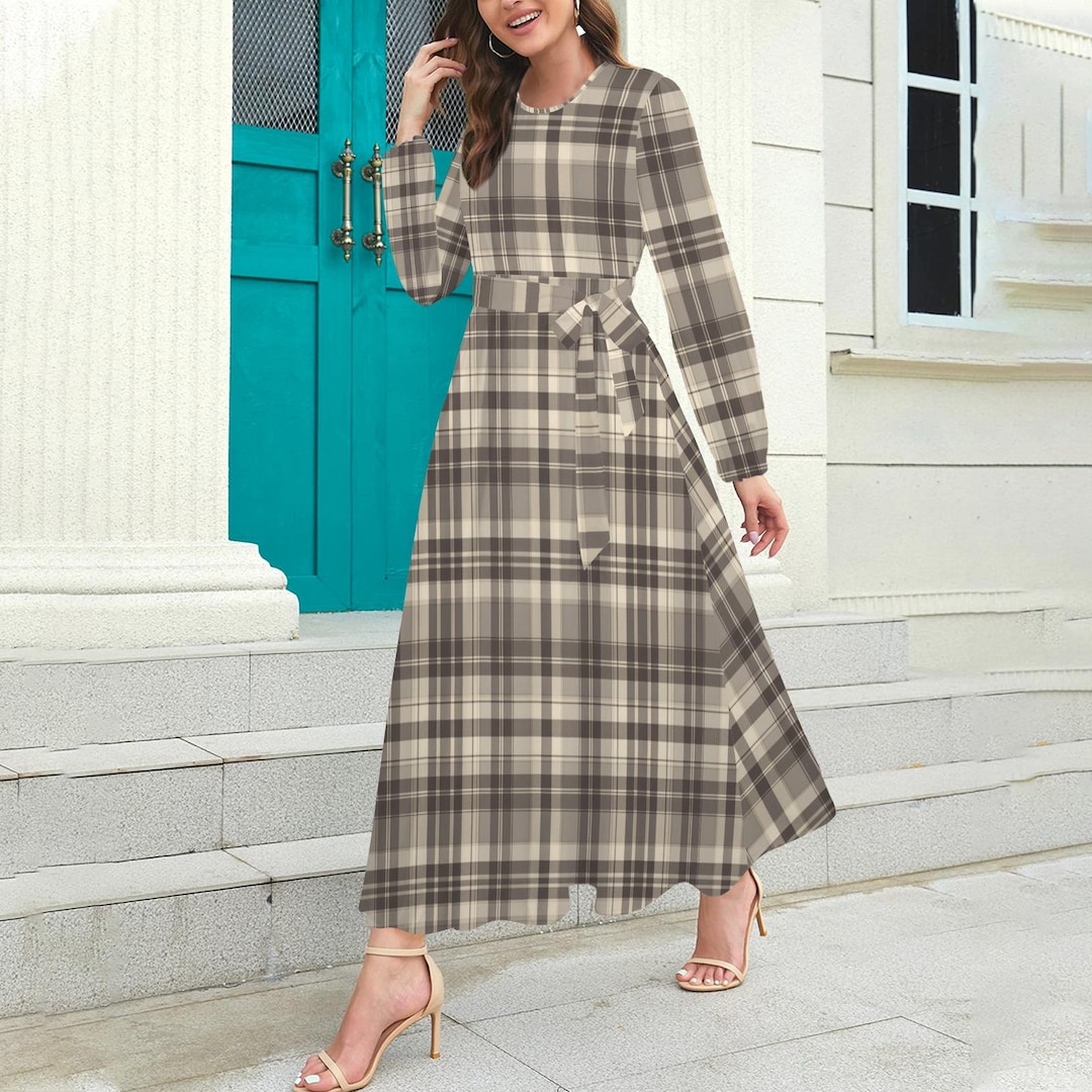 Plaid Maxi Dress - Long Sleeve Belted Neutral Checkered Fall Style Plaid Maxi Dress - Long Sleeve Belted Neutral Checkered Fall Style