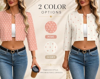 Veste courte à pois : superposition féminine rose pâle ou crème