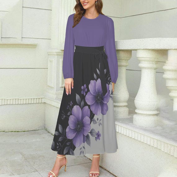 purple belted dress Purple Pleated Plunge Neck Belted A Line Gown