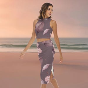Pink floral co ord set for women, cute sleeveless crop top and midi skirt with side split, two piece summer outfit for beach vacation