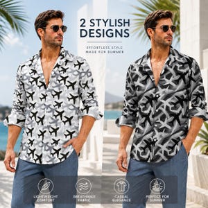 May include: Two long-sleeve button-down shirts featuring an all-over airplane pattern. One shirt is white with black and gray airplanes, while the other is dark gray with black and white airplanes. Text reads 2 STYLISH DESIGNS EFFORTLESS STYLE MADE FOR SUMMER.