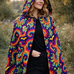 Mantello psichedelico con cappuccio, costume da strega neon, mantello da festival psichedelico, completo da rave a figura intera