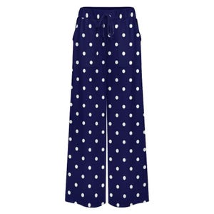 Pantaloni a pois da donna, pantaloni da casa a gamba larga con tasche, pantaloni palazzo, stampa a pois neri o blu navy, pantaloni estivi casual immagine 12