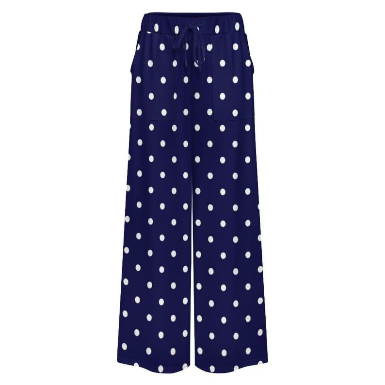 Pantaloni a pois da donna, pantaloni da casa a gamba larga con tasche, pantaloni palazzo, stampa a pois neri o blu navy, pantaloni estivi casual immagine 12