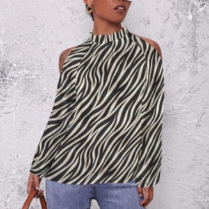 Black White Zebra Blouse, Long Sleeve Womens Top, Elegant High Neck Shirt, Abstract Animal Stripe Print for Work, Date Night Outfit
