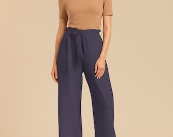 High Rise Wide Leg Chiffon Pants with Tie Belt, Flowy Palazzo Trousers