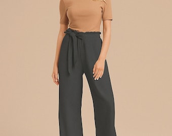 High Rise Wide Leg Chiffon Pants with Tie Belt, Flowy Palazzo Trousers