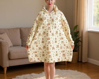 Cat Print Oversized Hoodie Blanket: Fluffy Fleece Hooded Throw