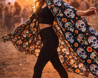 Sugar Skull Hooded Cloak Halloween Cape, Day of the Dead Costume Poncho, Gothic Skull Wrap, One Size Polyester Festival Outfit