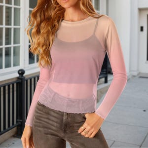 Pink Mesh Long Sleeve Top, Sheer Layered Look Shirt Women, Slim Fit Soft Feminine Top, Lightweight Mesh Blouse, Everyday Outfit