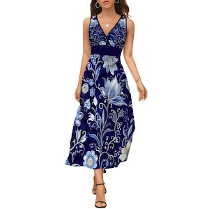 Blue floral maxi dress for women, sleeveless V-neck summer dress with ruffled hem, elegant boho beach vacation outfit, stretchy fit