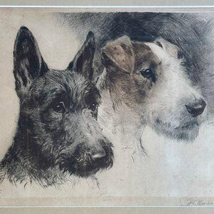 May include: A framed sepia-toned print featuring two dog portraits. The dog on the left is a Scottish Terrier with dark fur, while the dog on the right has a white and brown coat. The artwork is signed in the lower right corner.