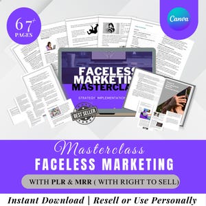 May include: An image showcasing a digital marketing masterclass. The title "Faceless Marketing Masterclass" is prominently displayed on a laptop screen, surrounded by pages of content. The image includes the text "Best Seller" and "Instant Download".