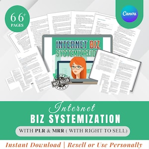 Peut inclure: Image promotionnelle pour "Internet Biz Systemization", un produit numérique de plus de 66 pages. L'image présente un écran d'ordinateur portable avec une illustration de femme, des pages imprimées, et les mentions "Best Seller" et "Instant Download".