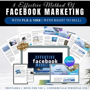 以下が含まれることがあります： 「8 Effective Method Of FACEBOOK MARKETING」のプロモーション画像。マーケティングコンテンツを表示するラップトップ、タブレット、スマートフォンが写っています。「WITH PLR & MRR」と「PRINTABLE | DONE FOR YOU | COMMERCIAL & PERSONAL USE」の文字が含まれています。