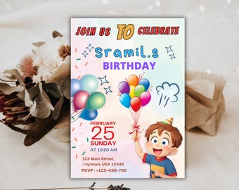Kids Birthday Invitation | Editable Digital Party Invite, Printable Birthday Card Template for Boys & Girls